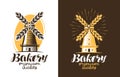 Bakery, bread logo or label. Farm, agriculture, windmill, mill icon. Vintage vector illustration