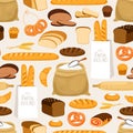 Bakery bread seamless pattern. Cartoon breads products and pastries, ears and flour bakeries vector background Royalty Free Stock Photo