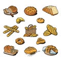 Bakery and bread vector baking breadstuff meal loaf or baguette baked by baker in bakehouse set illustration isolated on
