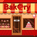 Bakery building with cakes, donuts and pies