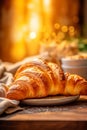 croissant bokeh caffeine food morning cup drink breakfast bakery table background background. Generative AI.