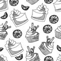 Bakery cake and cupcake orange in black and white seamless pattern