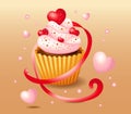 Vector illustration of cream cake hearts red and pink with ribbon.