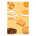 Bakery cards design. Fresh sweet foods cupcakes donuts and other baking products illustrations