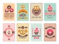 Bakery cards design. Fresh sweet foods cupcakes donuts and other baking products illustrations for vintage vector menu