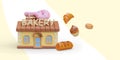 Bakery in cartoon style. 3D building, croissant, cupcake, donut, Swiss roll, cookie