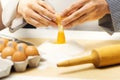 Bakery - chef cracking egg over flour