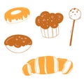 Bakery colored doodle set pattern with pastry. Cakes, donuts, buns and croissants.