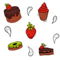 Bakery colored doodle set pattern with pastry. Cakes, donuts, buns and strawberry.