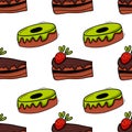 Bakery colored seamless pattern with pastry. Strawberry cake and donut with green frosting.
