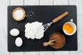 Bakery concept,Ingredients for making chocolate cake on white wooden background,top view Royalty Free Stock Photo