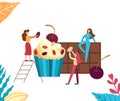 Bakery concept with tiny people for cafe. Sweet woman decorate cake with chocolate and berry. Vector flat illustration
