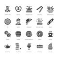 Bakery, confectionery flat glyph icons. Sweet shop products cake, croissant, muffin, pastry cupcake, pie. Food signs