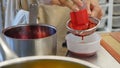 Bakery and cooking class of cookies. Strawberry Jelly on Spatula. Berry jams and spatula Royalty Free Stock Photo