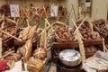 Bakery counter, different breads, baguettes and other baked goods