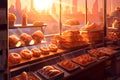 Bakery counter, shop showcase with fresh pastry, buns. Food, breakfast, baking, desserts concept