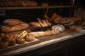 bakery countertop filled with variety of freshly baked bread, including baguettes, rolls and croissants Royalty Free Stock Photo