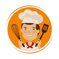 Bakery, cuisine logo. Cute chef in hat with kitchen tools in hands. Cartoon vector illustration