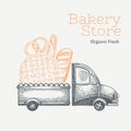 Bakery delivery logo template. Hand drawn vector truck with bread illustration. Engraved style vintage food design