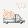 Bakery delivery logo template. Hand drawn vector truck with bread illustration. Engraved style vintage food design