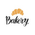 Bakery, dessert shop or bakehouse logo, tag or label design. Text and croissant on white background. Home baking logotype Royalty Free Stock Photo