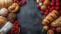 Bakery display of assorted breads and fresh raspberries on a dark surface Royalty Free Stock Photo