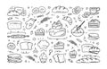 Bakery doodle set, sweet pastry, cupcake and cookies, hand drawn typography elements. Croissants for chefs gourmet menu