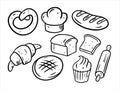 Bakery doodles elements. Black color. Hand draw vector illustration. Royalty Free Stock Photo