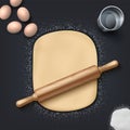 Bakery dough. Realistic wheat flour, eggs, salt and bakery mass with wooden rolling pin on the table. Vector bakery set Royalty Free Stock Photo