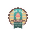 Bakery emblem colored template with cupcake, rolling pin, ribbon Royalty Free Stock Photo