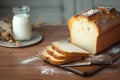Bakery essentials loaf bread, slice, knife, and glass of milk Royalty Free Stock Photo