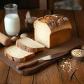 Bakery essentials loaf bread, slice, knife, and glass of milk Royalty Free Stock Photo