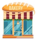 Bakery facade. Cartoon street store with striped awning