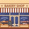 Bakery facade. Showcase with sweets. Cakes and bread. Flat vector