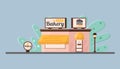 Bakery facade. Showcase with sweets. Cakes and bread. Flat vector