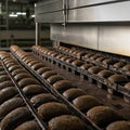 Bakery factory for baking bread. Whole loaves of dark or black bread in rows. Fresh baked whole grain bread. Food