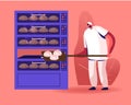 Bakery Factory and Bread Production Concept. Baker Character Put Raw Loafs to Huge Oven for Baking Royalty Free Stock Photo