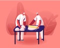 Bakery Factory and Food Production Concept. Male and Female Bakers Characters Kneading Dough on Table for Baking Bread