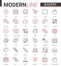 Bakery flat thin red black line icon vector illustration set, sweet food dessert outline pictogram collection with baker Royalty Free Stock Photo