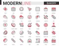 Bakery flat thin red black line icon vector illustration set, sweet food dessert outline pictogram collection with baker Royalty Free Stock Photo