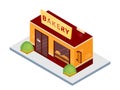 Bakery flat vector illustration. Pasrty shop isolated on white background. Bakeshop facade exterior. Isometric bakehouse