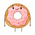 Bakery food cartoon character. Cute glazed donut with funny smiling face vector illustration