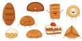 Bakery food cartoon characters set. Cute tasty bakery pastries with funny smiling faces vector illustration