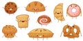 Bakery food cartoon characters set. Cute tasty pastries with funny smiling faces vector illustration