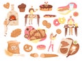 Bakery food, pastry and products set of isolated vector illustrations. Bakers, fresh bread loafs, pies, cakes, flour and Royalty Free Stock Photo