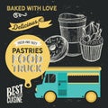 Bakery food truck illustration - cake, donut, croissant, cupcake