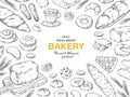 Bakery frame. Hand drawn bread and cookies banner for menu, sweet pies and cakes doodle design template. Vector bakery Royalty Free Stock Photo