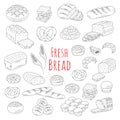 Bakery fresh bread collection doodle style vector illustration.