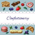 Bakery goods, sweet desserts, pastries, berries cute vector illustration. homemade pastries color sketch set. pastry