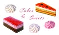 Bakery goods and sweets set. Watercolor illustration of sweet and delicious cakes and sweets. Watercolor chocolate cake